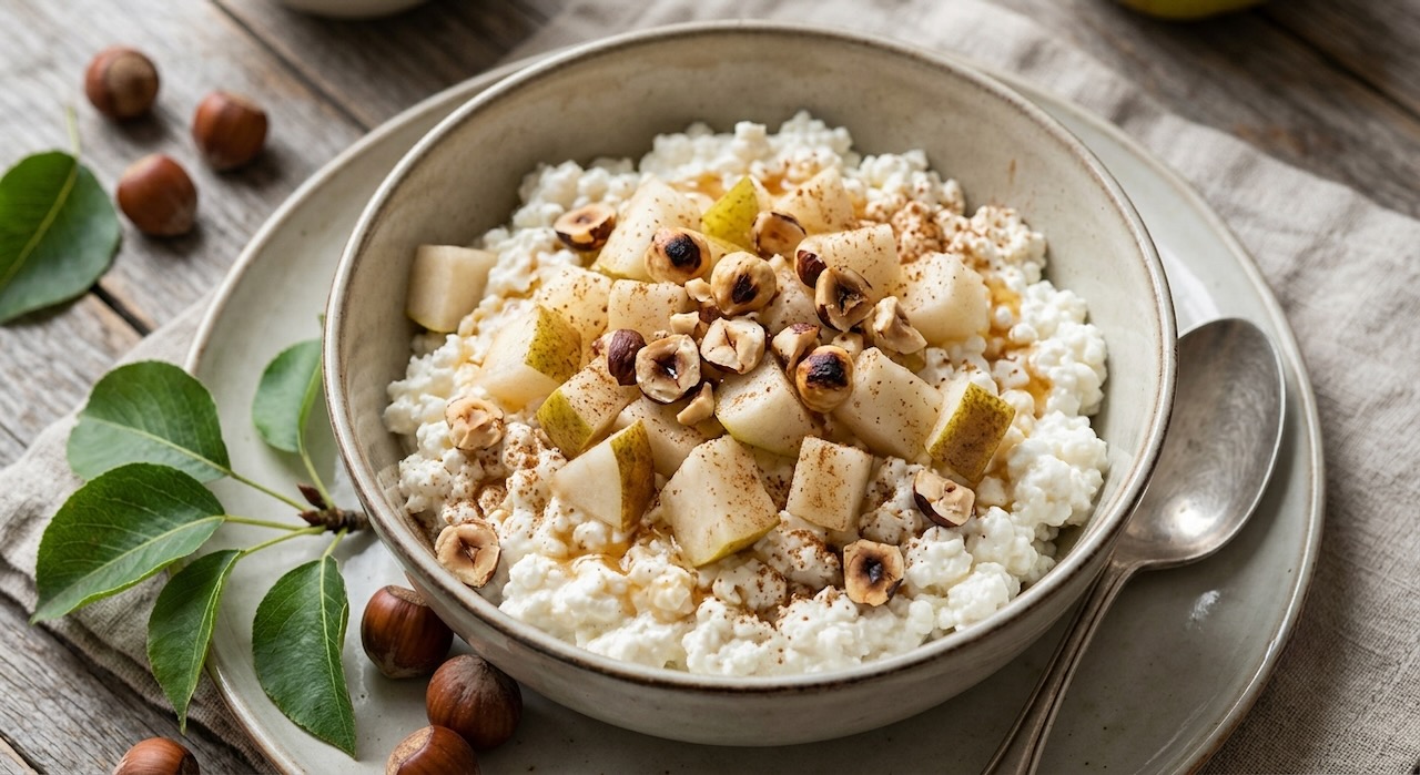 Hüttenkäse mit Haselnuss und Birne