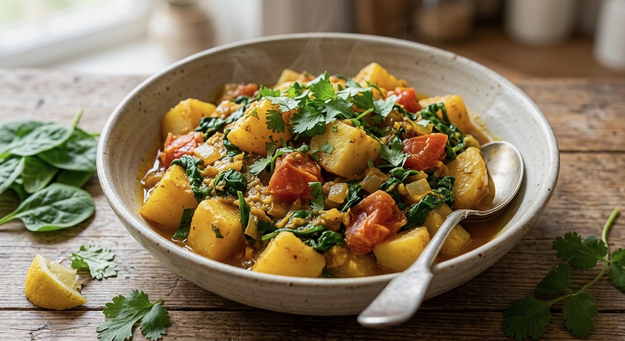 Indische Kartoffel- und Spinat-Schüssel
