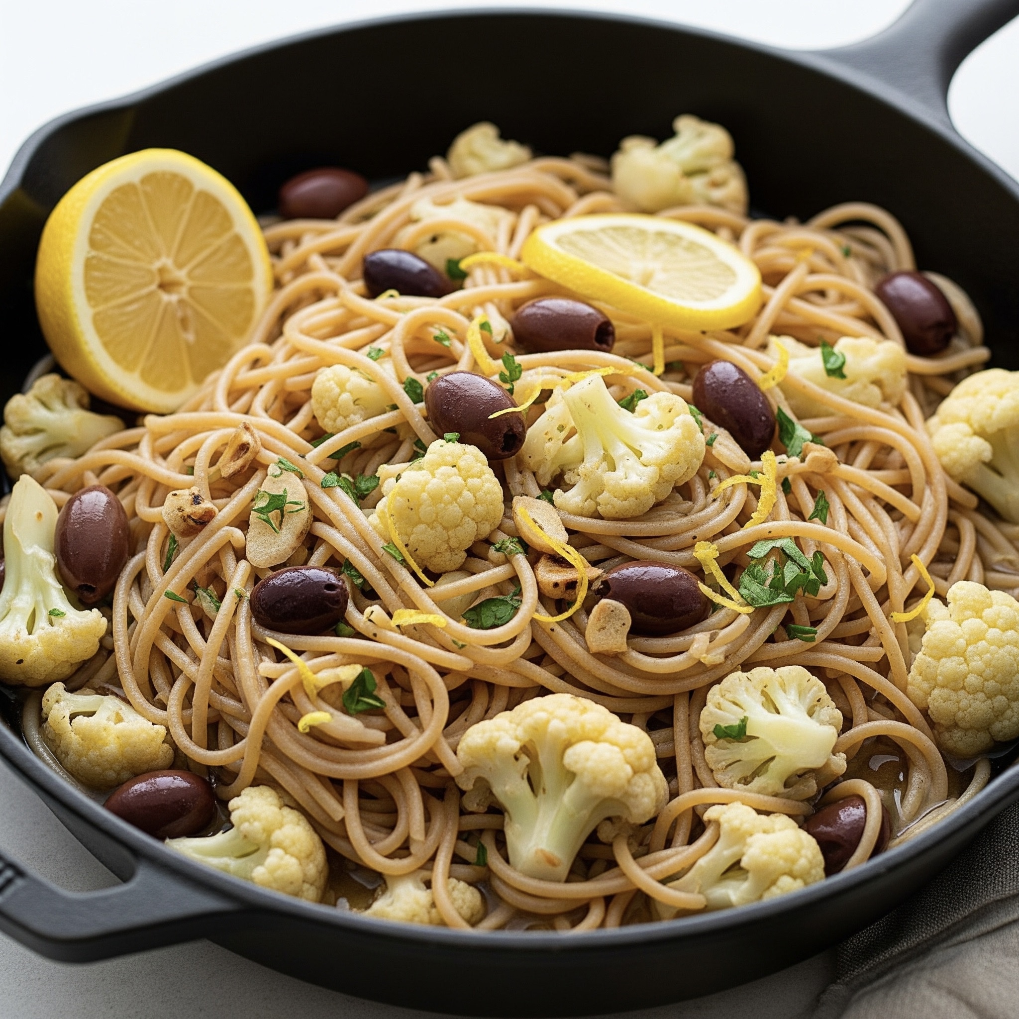 カリフラワー、レモン、オリーブのワンポットパスタ